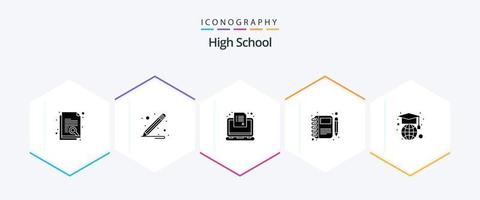 hoog school- 25 glyph icoon pak inclusief geografie. pen. online. notebook. mollevel vector