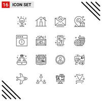 modern reeks van 16 contouren pictogram van echt landgoed gebouw familie plaats mail bewerkbare vector ontwerp elementen