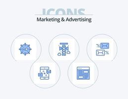 afzet en reclame blauw icoon pak 5 icoon ontwerp. communicatie. Aankondiging. indeling. marketing. pijl vector