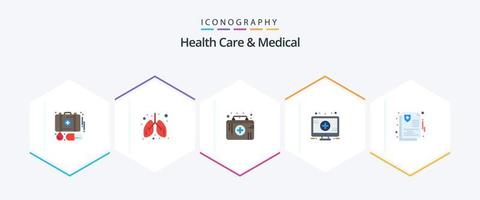 Gezondheid zorg en medisch 25 vlak icoon pak inclusief verzekering. zorg. eerste steun uitrusting. teken. medisch vector