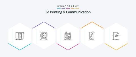 3d het drukken en communicatie 25 lijn icoon pak inclusief smartphone. mobiel. gestructureerd. apparaat. printer vector