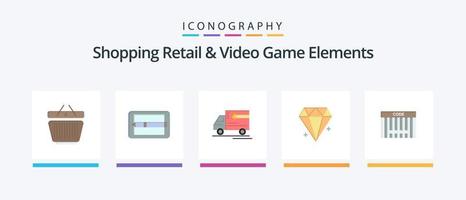 winkelen kleinhandel en video spel elementen vlak 5 icoon pak inclusief streepjescode. juweel. vrachtauto . sieraden. diamant. creatief pictogrammen ontwerp vector
