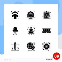 modern reeks van 9 solide glyphs pictogram van camping fabriek schotel licht diode bewerkbare vector ontwerp elementen