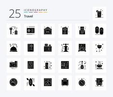 reizen 25 solide glyph icoon pak inclusief reizen. camera. hotel. reizen. paspoort vector