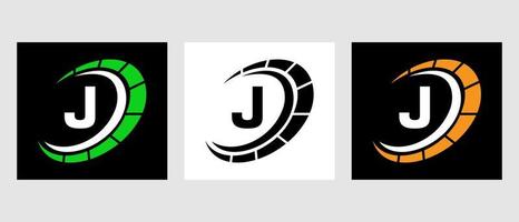 brief j auto automotive logo voor auto's onderhoud, auto's reparatie met snelheidsmeter symbool vector