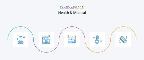 Gezondheid en medisch blauw 5 icoon pak inclusief geschiktheid. thermometer. noodgeval. temperatuur. gezondheidszorg vector