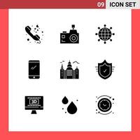 modern reeks van 9 solide glyphs pictogram van iphone mobiel fotografie slim telefoon modern bewerkbare vector ontwerp elementen