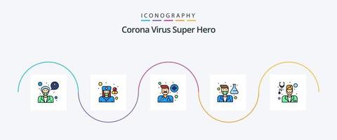 corona virus super held lijn gevulde vlak 5 icoon pak inclusief baard. wetenschapper. dokter. professor. laboratorium vector