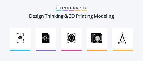 ontwerp denken en d het drukken modellering glyph 5 icoon pak inclusief tekening. wereldbol. lagen. web. brommer. creatief pictogrammen ontwerp vector