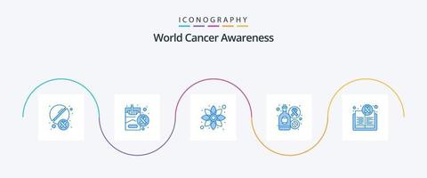wereld kanker bewustzijn blauw 5 icoon pak inclusief boek. teken. kamille. wijn. fles vector
