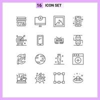 universeel icoon symbolen groep van 16 modern contouren van doel prestatie hardware mobiel video mobiel app bewerkbare vector ontwerp elementen