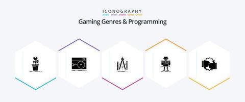 gaming genres en programmering 25 glyph icoon pak inclusief robot. autonoom. software. hulpmiddel. geometrie vector