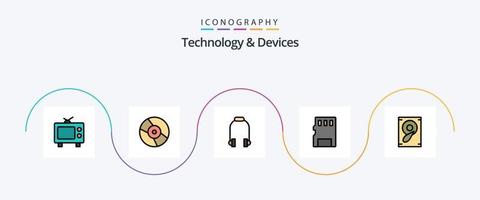 apparaten lijn gevulde vlak 5 icoon pak inclusief spreker. muziek. koptelefoon. sd. geheugen vector