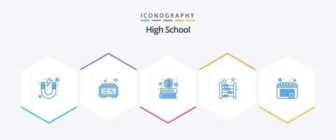 hoog school- 25 blauw icoon pak inclusief kalender. onderwijs. tijd. rekenen. wereldbol vector