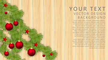 vrolijk kerstfeest vector ornamenten met rode ballen, snoep, sterren en bladeren. achtergrond houtstructuur. vector illustratie