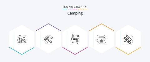 camping 25 lijn icoon pak inclusief heemst. stok. victorinox. wedstrijd. doos vector