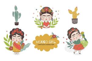 Mexicaans meisje tekenverzameling doodles. vector