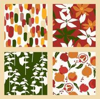 abstracte verzameling van naadloze patronen met bloemen en bladeren en granaatappels. modern ontwerp vector