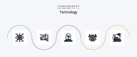 technologie lijn gevulde vlak 5 icoon pak inclusief . elektrisch voertuig. blad. elektrisch auto. technologie vector
