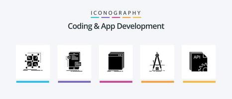 codering en app ontwikkeling glyph 5 icoon pak inclusief Product. ontwerp. telefoon. programma. sollicitatie. creatief pictogrammen ontwerp vector