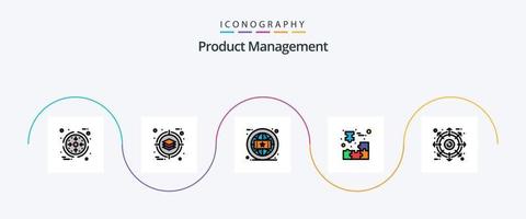 Product beheer lijn gevulde vlak 5 icoon pak inclusief extern. decoupeerzaag puzzel. merk. klant. doos vector