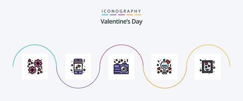 valentijnsdag dag lijn gevulde vlak 5 icoon pak inclusief liefde. kaart. fotografie. wijn. nacht vector