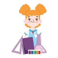 terug naar school, student meisje boek liniaal palet kleur chemie kolf elementair onderwijs cartoon vector