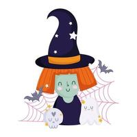 happy halloween, heks cartoon schedel spookvleermuizen en spinnenweb, trick or treat feestviering vector