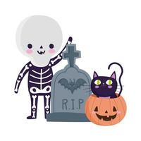 happy halloween, jongen skelet kostuum grafsteen en kat in pompoen, trick or treat feestviering vector