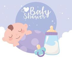 babydouche, kleine jongen in deken met fles melk en fopspeen, viering welkom pasgeboren vector