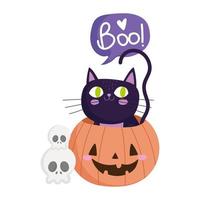 gelukkig halloween, schedels zwarte kat in pompoen, trick or treat feestviering vector