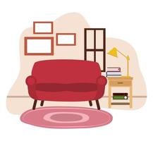 rode sofa tafellamp boeken tapijt en raam vector