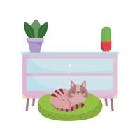 kat op kussenmeubilair en potplanten geïsoleerd ontwerp witte achtergrond vector