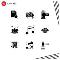 groep van 9 modern solide glyphs reeks voor muziek- album camera spa lelie bewerkbare vector ontwerp elementen