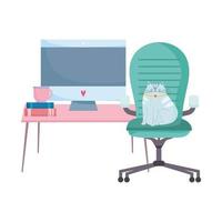 werkruimte kat op stoel bureau computer en plant geïsoleerd ontwerp witte achtergrond vector