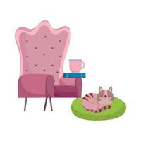 fauteuil koffiekopje boek en kat geïsoleerd ontwerp witte achtergrond vector