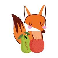 hallo herfst, schattige kleine vos met appel- en perenoogst fruit cartoon vector