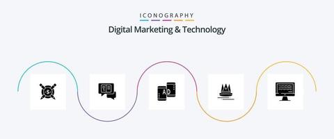 digitaal afzet en technologie glyph 5 icoon pak inclusief streamen. marketing. reclame. onderwijs. premium vector