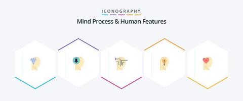 geest werkwijze en menselijk Kenmerken 25 vlak icoon pak inclusief denken. idee. omlaag. hoofd. hoofd vector