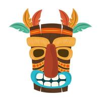 tiki tribal houten masker veer decoratie geïsoleerd op een witte achtergrond vector