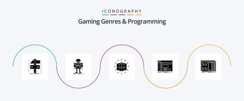gaming genres en programmering glyph 5 icoon pak inclusief paneel. beheerder. robotachtig. kubus. puzzel vector