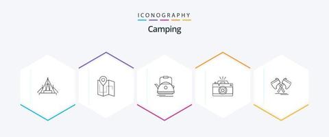 camping 25 lijn icoon pak inclusief fotografie. pot. plan. camping. waterkoker vector
