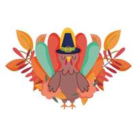 happy thanksgiving day, turkije met pelgrim hoed bloem gebladerte viering vector