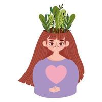 Werelddag voor geestelijke gezondheid, portretvrouw met bladeren in hoofd vector