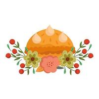 gelukkige thanksgiving day, pompoencake bloemen en gebladerteviering vector