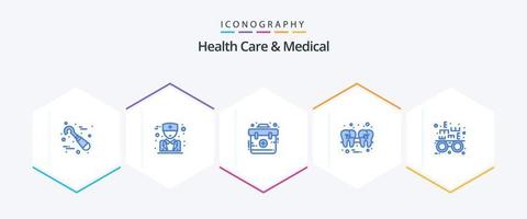 Gezondheid zorg en medisch 25 blauw icoon pak inclusief optometrist. draad. noodgeval. tand. vulling vector