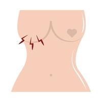 borstkanker bewustzijn maand, vrouwelijk lichaam hart op de tepel, gezondheidszorg concept platte pictogramstijl vector
