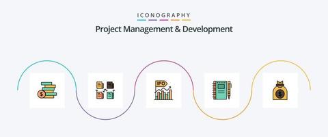 project beheer en ontwikkeling lijn gevulde vlak 5 icoon pak inclusief notebook. schetsen notitieboekje . privacy. openbaar. modern vector