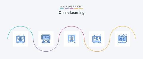 online aan het leren blauw 5 icoon pak inclusief inhoud. wereldbol. boek. youtube. online vector