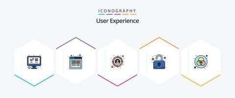 gebruiker ervaring 25 gevulde lijn icoon pak inclusief kleur. veiligheid. draad inlijsten. ontgrendelen. stootkussen vector